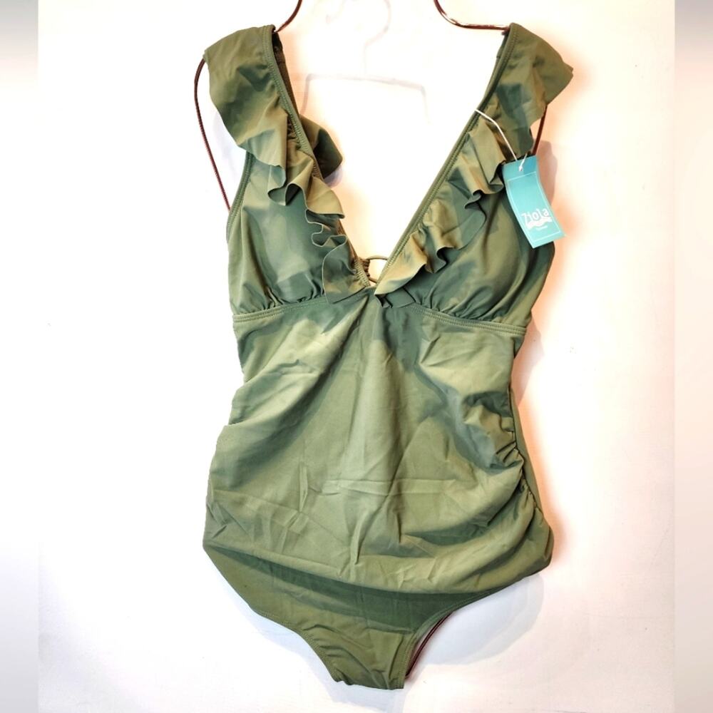 New Olive Sage Green Ruffle One Piece Swimsuit‎ Deep V Bathing Suit Size M